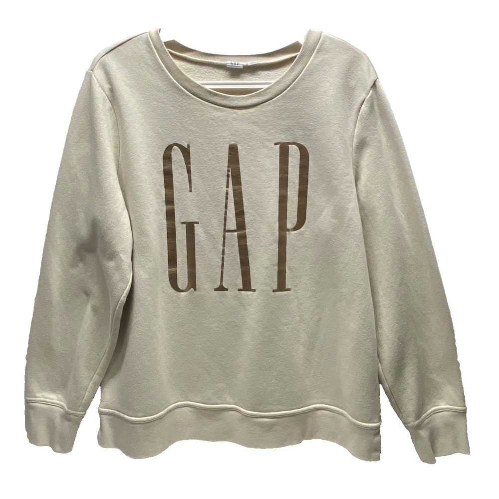 GAP Crewneck Sweatshirt Women's Large Natural Cream Metallic Gold Logo Fleece EC